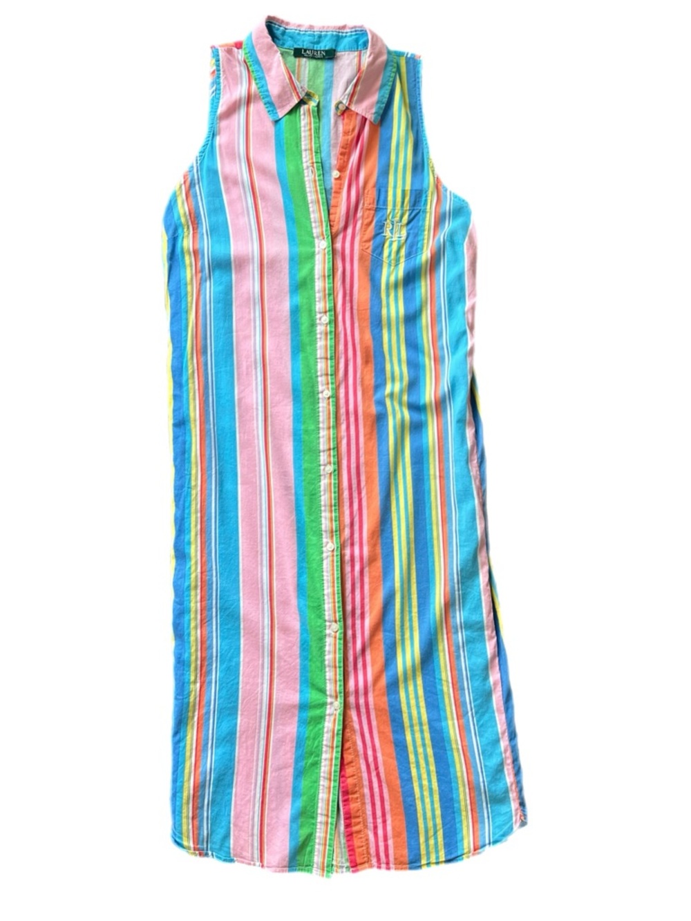 Ralph Lauren Sleeveless Striped Button-Front Cotton Midi Dress